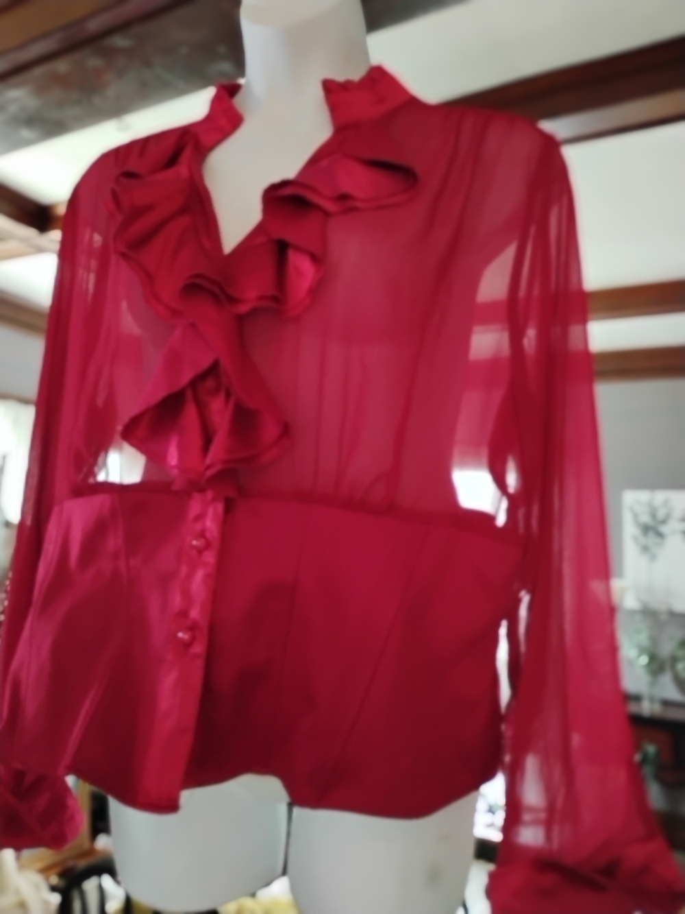 Ashley Stewart Ruffle-Front Sheer Blouse in Deep Red - Picture 9 of 14